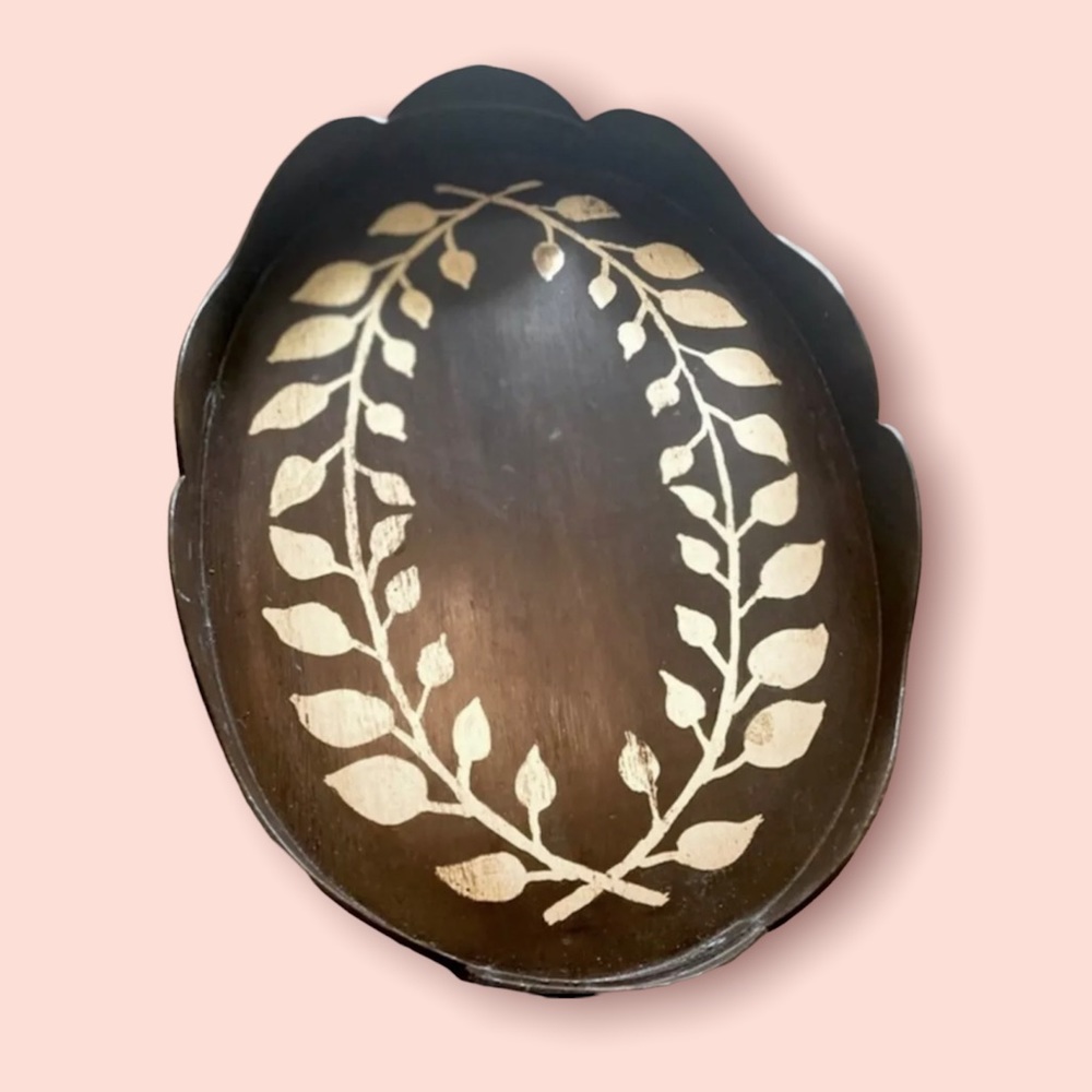 Unique vintage wooden inlay serving tray with gold leaf design cottage charm